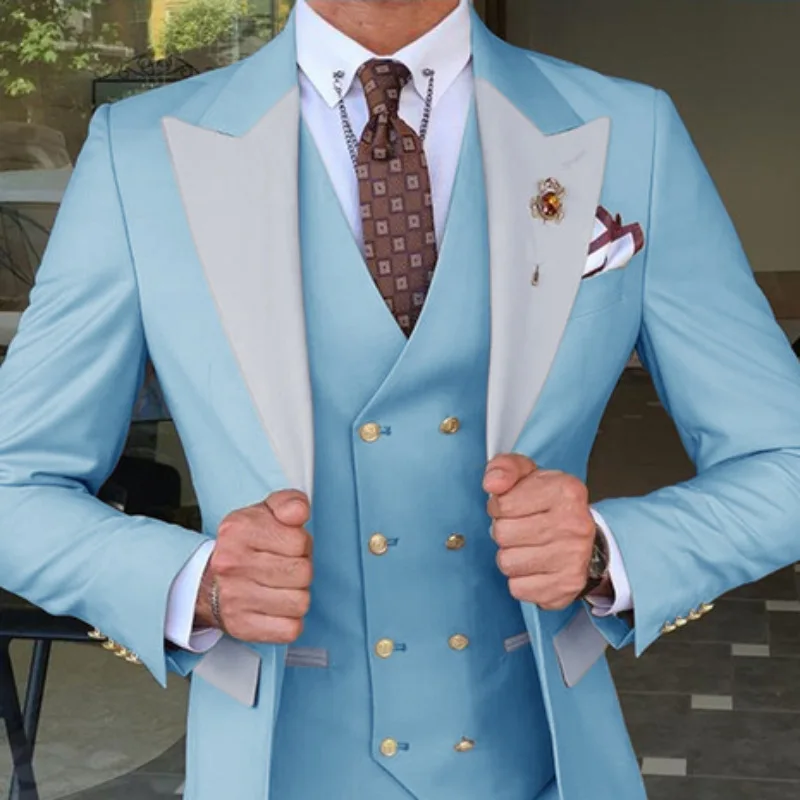 Solid Color Business Soft And Comfortable Vneck Unique Poitrine Navy Blue Suits Set For Men