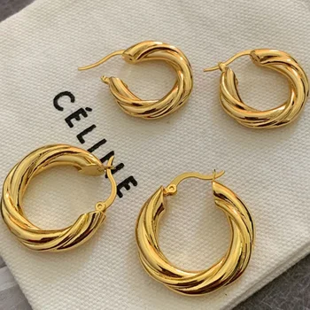 European Fashion Women Jewelry 18k Gold Twisted Hoop Earrings Hypoallergenic Stainless Steel Twisted Hoop Earrings