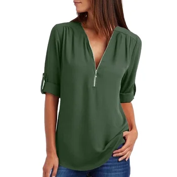 Zipper Short Sleeve Women Shirts Sexy V Neck Solid Womens Tops Blouses Casual Tee Shirts Tops Female Clothes Plus Size