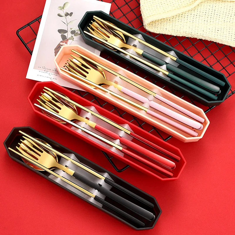 Wholesales Lunch Box Flatware Set Portable Camping 3pcs Stainless Steel  Set with Case for Student Cutlery