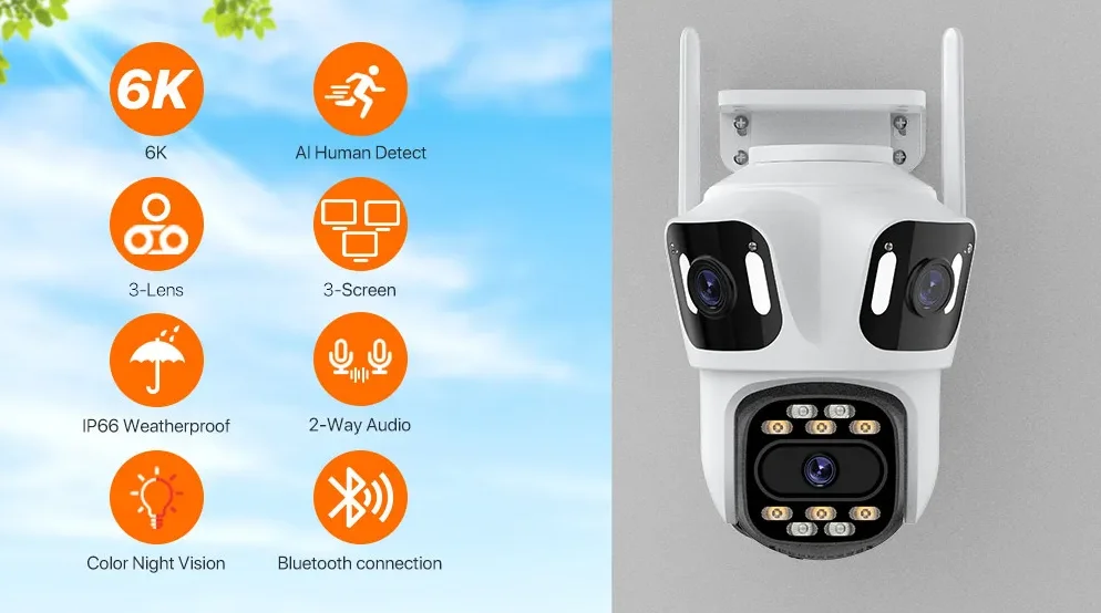 Outdoor Wifi Camera Wi-fi Three Lens Three Screen Security PTZ Camera Auto Tracking Video ICsee Three Lens Wireless cctv Camera