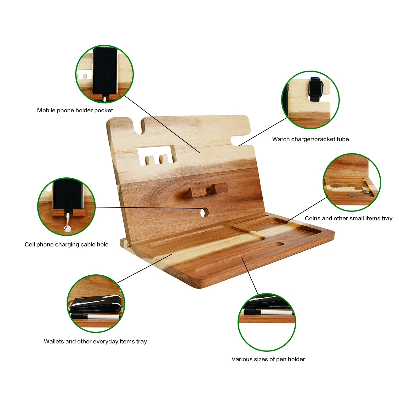 Youlike  Detachable Ruggedized Acacia Wooden Phone Docking Station Nightstand Organizer Display For Cell Phone