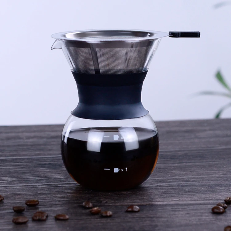 Hot Selling High Temperature Hand-made Funnel Filter Silica Gel Glass Coffee Pot Rubber Wood Tea and Coffee Pot