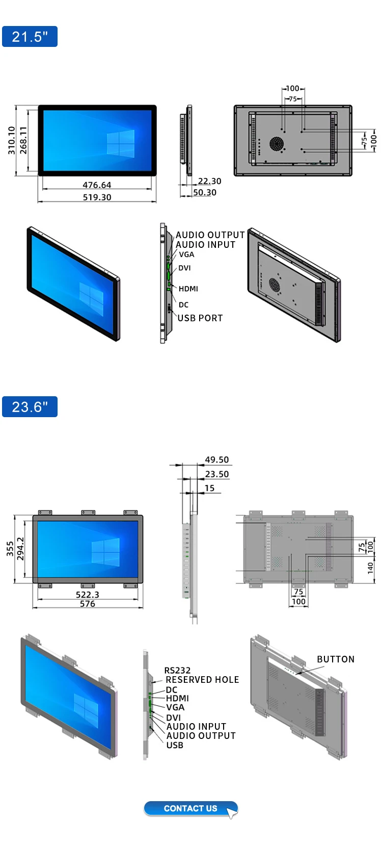 15.6 Inch Waterproof Industrial Monitor HD VGA BNC Capacitive PCAP USB 1366*768 1920*1080 TFT Display Aluminum Touch Screen