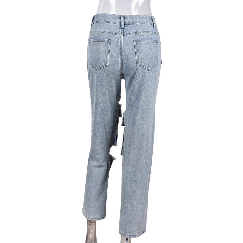 Fashion Pocket Stitching Hollowed-Out Hole Beggar Style Street Casual Straight High Waist Jeans details