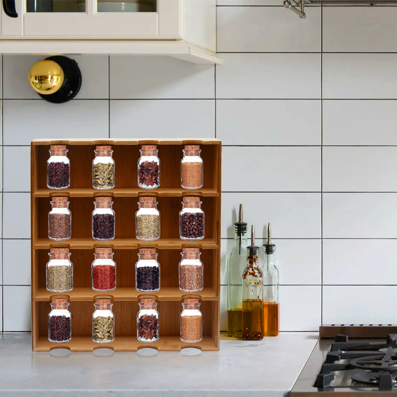 Expandable 4-layer 16 can wall mounted kitchen spice rack made of bamboo and wood, for storage and organization