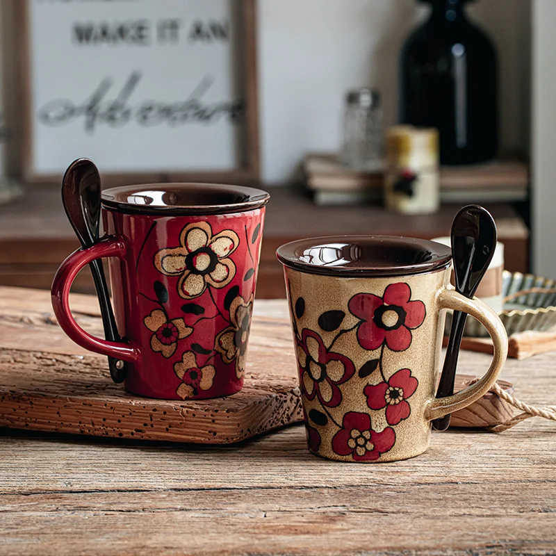 Handmade colored Nordic Red flower ceramic coffee mug with cover spoonn