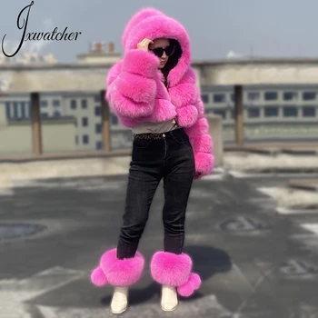 New Design Fashion Lady Cropped Natural Fox Fur Bomber Jacket Long Sleeves Luxury Fluffy Women Winter Short Real Fur Hood Coat