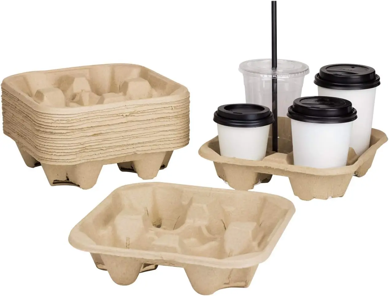 Custom Compostable Paper Pulp Fiber Disposable Drink Tray to Go 1/2/3/4 Cup Holder Carrier for Hot or Cold Drinks Takeout manufacture
