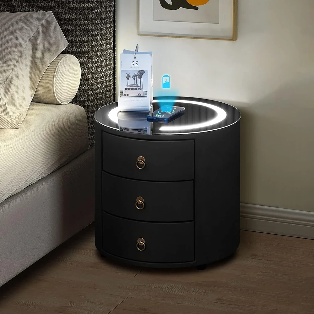 Dark Grey Wood Smart Nightstand with Wireless Charging Station & LED Lights Modern Round 3-Drawer Bedroom Storage Furniture factory