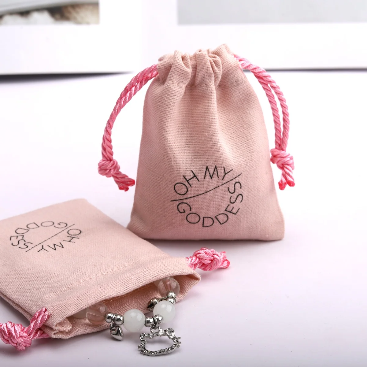 Custom Logo Printed Small Pink Cotton Linen Drawstring Jewelry Perfume Pouch Reusable Muslin Nail Polish Storage Cotton Pouch
