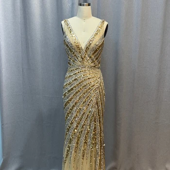 Luxury Gold Beaded Evening Dress Women Long Halter Sleeveless Prom Dress Breathable Sequin Print Simple Sexy Party Style Crystal