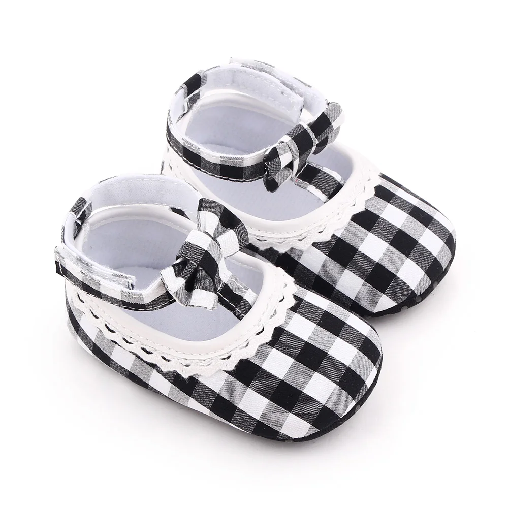 Color Matching Plaid Bow Wavy Lace Soft Soled Baby Girls Cute Princess Toddler Shoes manufacture