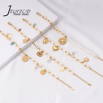 18k gold plating stainless steel link chain nature freshwater pearl bracelet with star pendant