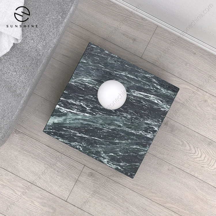 Luxury Nordic Style Dark Green Living Room Furniture Marble Cubic Plinth Low Sofa Coffee Table