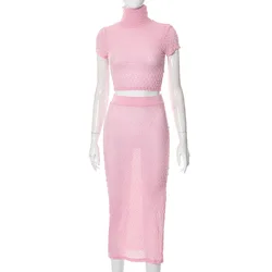 Knitted high waist backless slit knitwear 2 piece set mesh pink skirt and top for ladies summer sweater short mini womens skirts