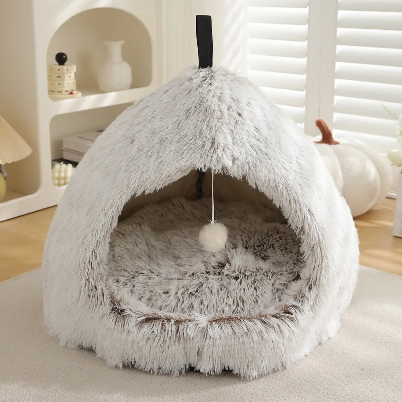 product fluffy dog cat cave bed with ball toys multi colors doggy cat sleeping bed indoor cat house-61