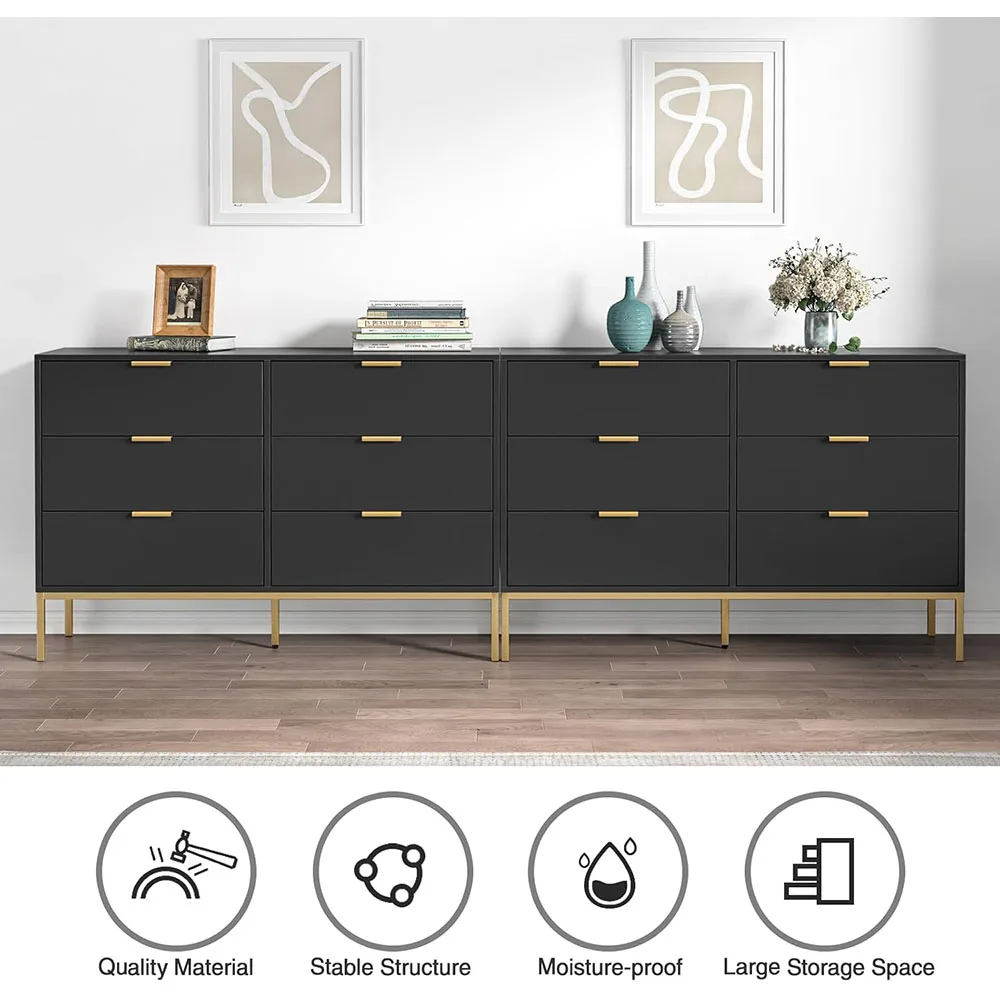 Modern 6-Drawer Dresser with Golden Handles Black Wood Storage Closet Organizers for Bedroom & Living Room details