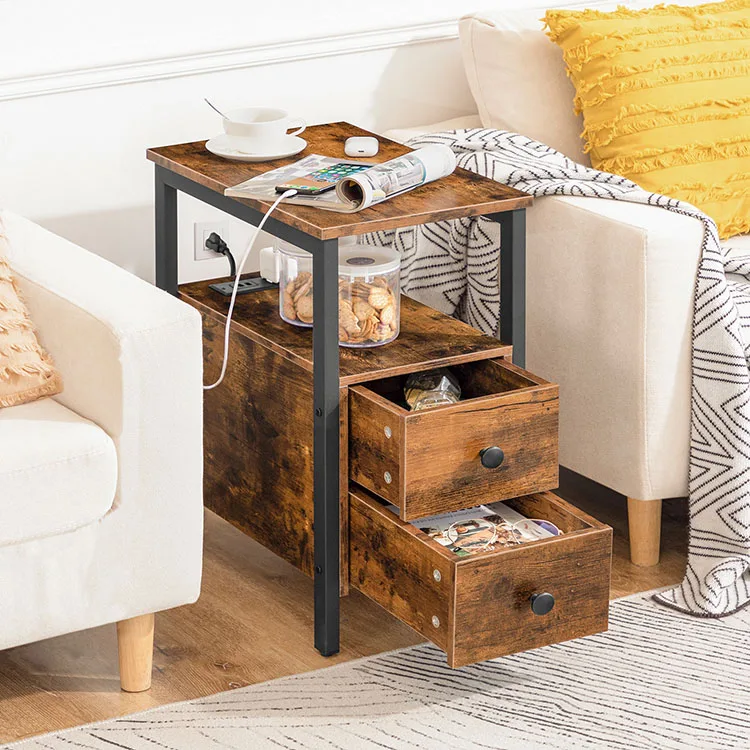 Wholesale Wooden Metal Rustic Bedside Nightstand Sofa End Table Narrow Side Table With Charging Station for Living Room Bedroom