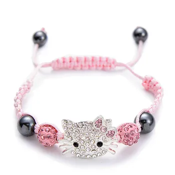 Kitty Lovely Kids Bracelet Cat Charm Rhinestone Round Crystal Bead Multi-Color String Braiding Bracelets DIY Children Jewelry