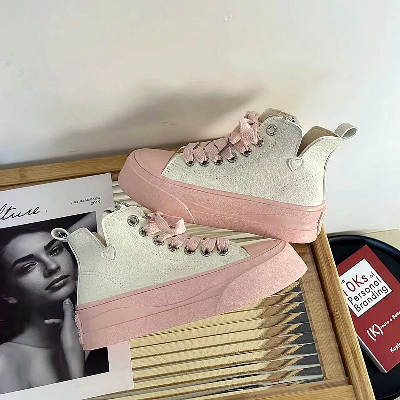 Wenzhou Factory Fashion Casual Shoes High Top Thick Bottom  Sneaker  Pink Lace-Up Canvas Shoes For Men