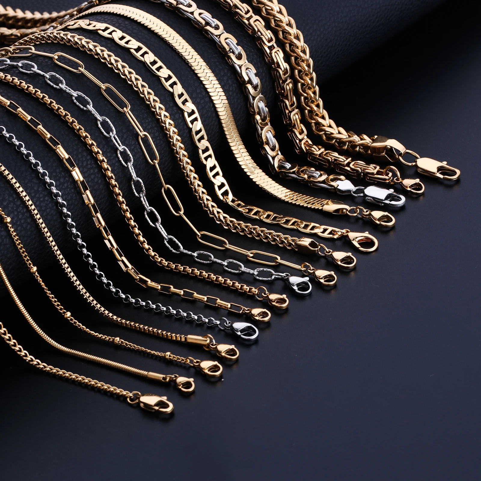 Stainless Steel Jewelry Set Curb Franco Paperclip Ball Figaro Herringbone Rope Snake 18K Gold Plated Link Chain Necklace For Men