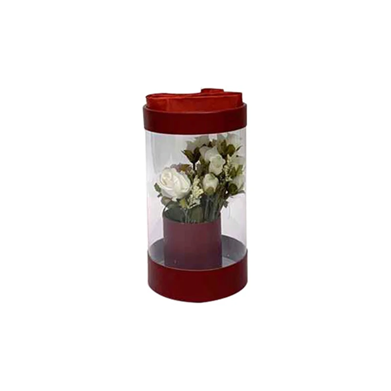 Transparent Plastic Preserved Bouquet Packaging Round Gift Clear PVC Cylindrical Flower Box For Flowers with Ribbon Handle