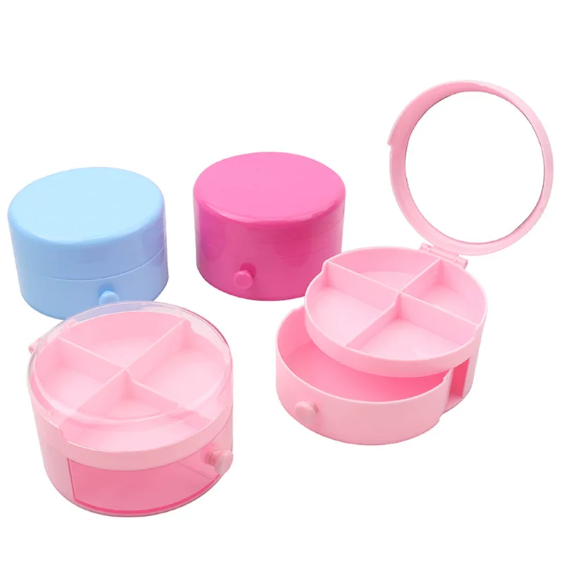 Small round Plastic Jewelry Box Organizer with Makeup Mirror Multifunction Hair Accessories Storage for Sundries