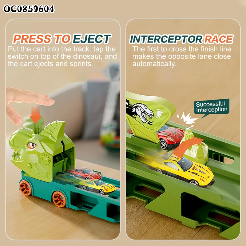 Dinosaur trucks trailers ejection race car parking rail car track toy for kids with 8pcs alloy car