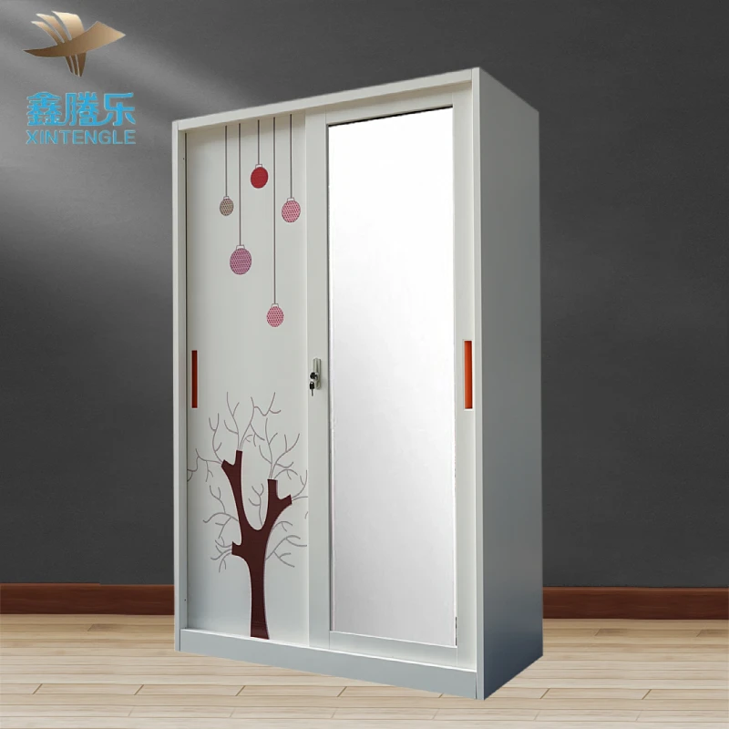 Customized Printed Pattern Indonesia Steel Sliding Bedroom Wardrobe Lemari Pakaian Kamar Tidur Geser Baja Home Furniture