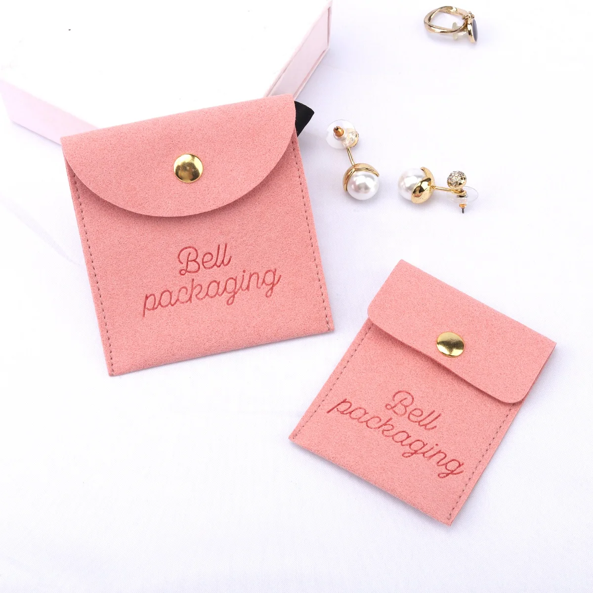 Custom Logo Printed Microfiber Snap Button Bags Earring Ring Necklace Packaging Envelope Pouch Suede Gift Jewelry Bag