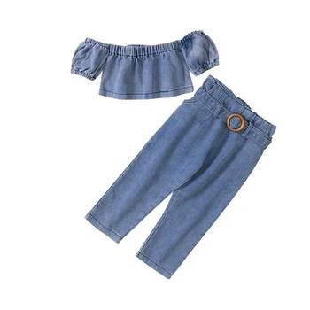 2022 European American Girls Summer Two Piece Clothes New Fashion Off Shoulder Tube Top Jeans Trousers Kids Denim Set