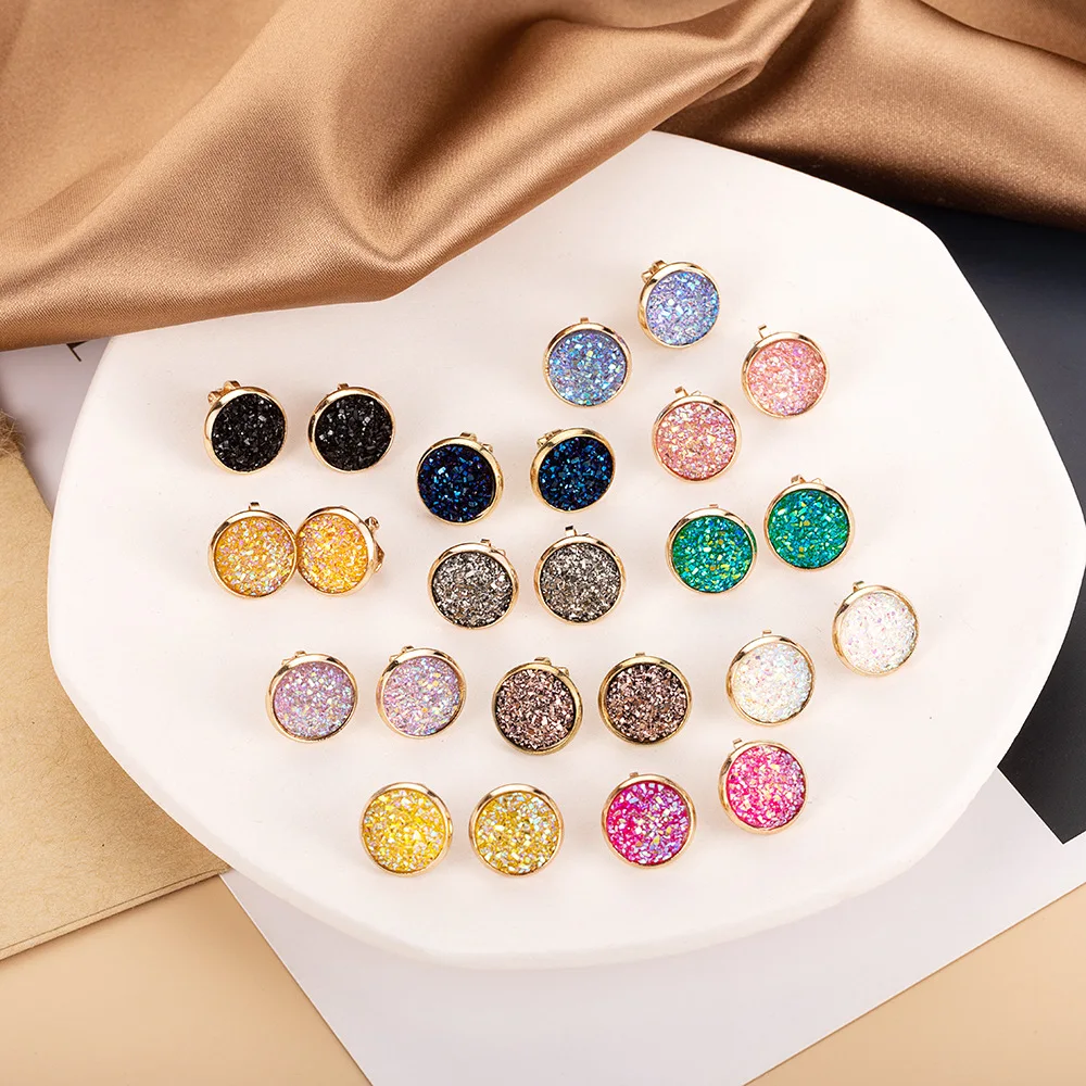 12 Pairs/set Fashion Clipon Earrings Cute Colorful Druzy Earrings For