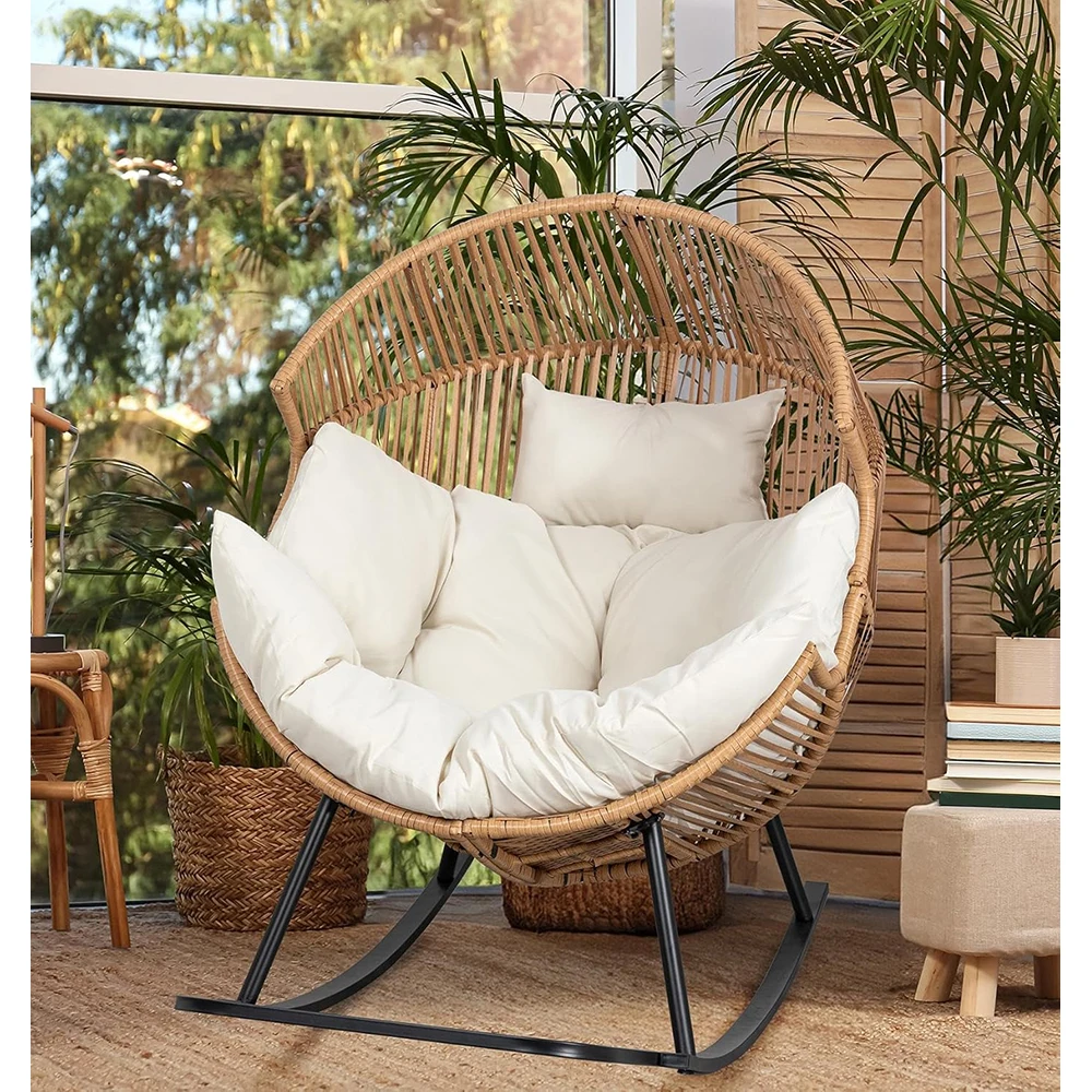 product nu deco modern egg chair outdoor rocking wicker patio oversized lounger cushion living room bedroom backyard balcony beige-6