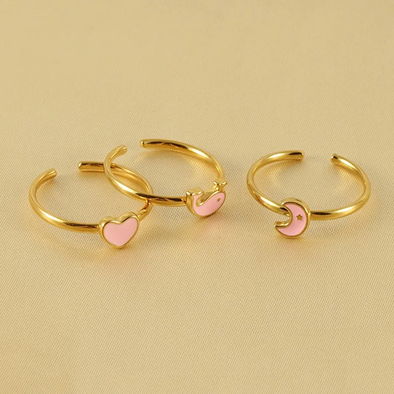 New arrival gold Plated stainless steel pink enamel dolphin heart moon open rings for women