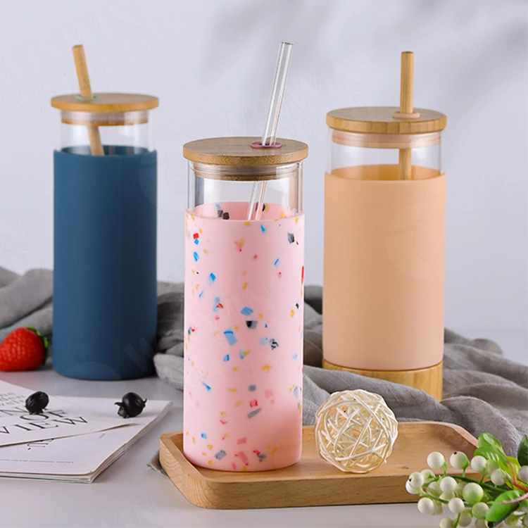 Glass tumbler water bottle with straw and lid, wide mouth smoothie cups, iced coffee cup tea silicone protective sleeve Glass tumbler water bottle with straw and lid, wide mouth smoothie cups, iced coffee cup tea silicone protective sleeve