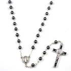 Beads Black Natural Hematite Rosary Beads Cross Macrame Ajustable Beaded Long Jesus Necklace Men
