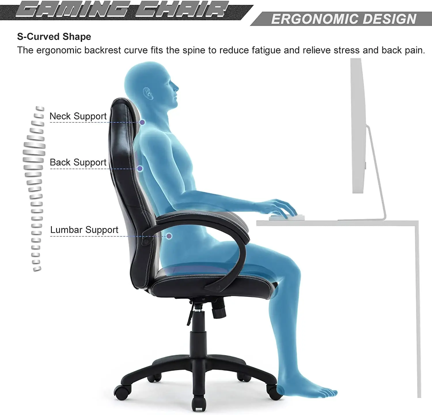 Cadeira de escritório ergonômica de design moderno Cadeira de escritório de computador confortável Cadeira ajustável reclinável giratória Cadeira de PC e jogo de corrida 1