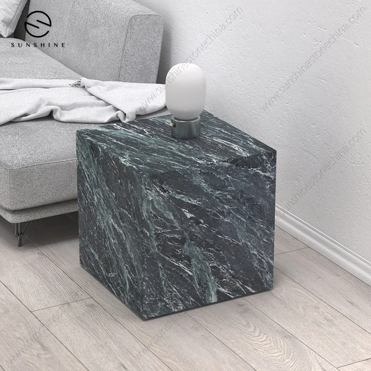 Luxury Nordic Style Dark Green Living Room Furniture Marble Cubic Plinth Low Sofa Coffee Table