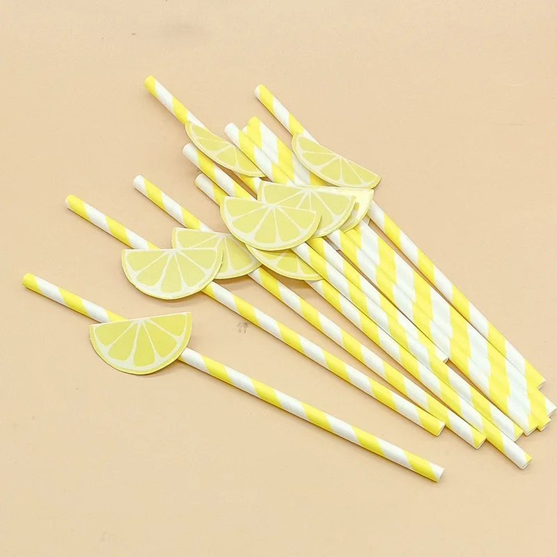 Yellow Lemon Card Disposable Paper Straws For Birthday Party Decoration