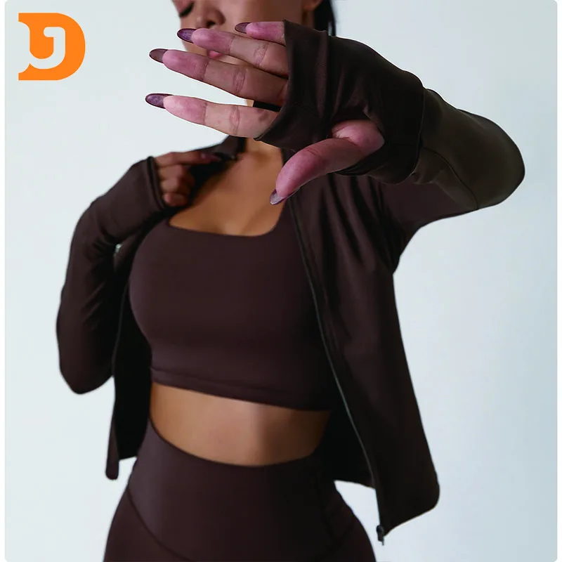 Fitness Girls Gym Sport Yoga Jacket Zip Top Workout Long Sleeve Yoga Coat Sportswear 3 Piece Yoga Sets