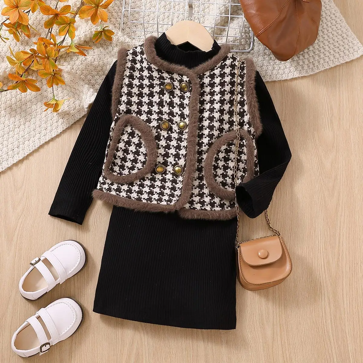 Korean popular toddler girls fall outfits casual knitted dress matching fashion plaid vest two-piece girls clothing suits