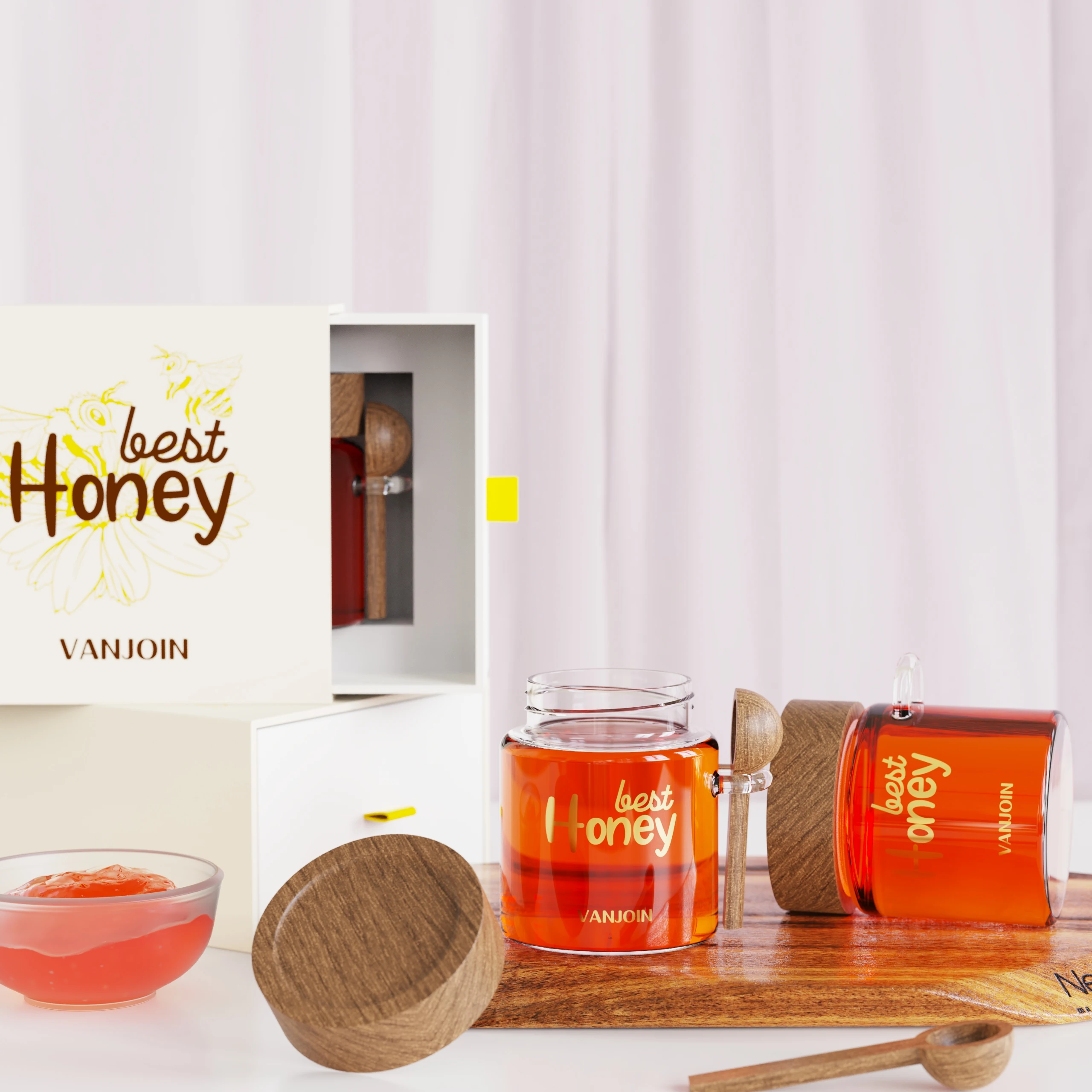 Light Luxury Gift Box Packaging 350ml 450ml 580ml Round Glass Jars Honey Bee Boxes for Sale Wooden Bamboo Lids