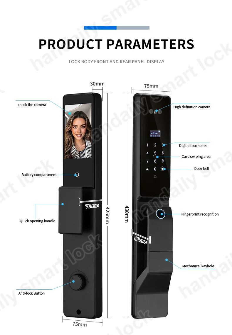 handaily wholesale automatic fingerprint tuya 3d face smart door lock for front door digital palm vein home security door lock f888-10