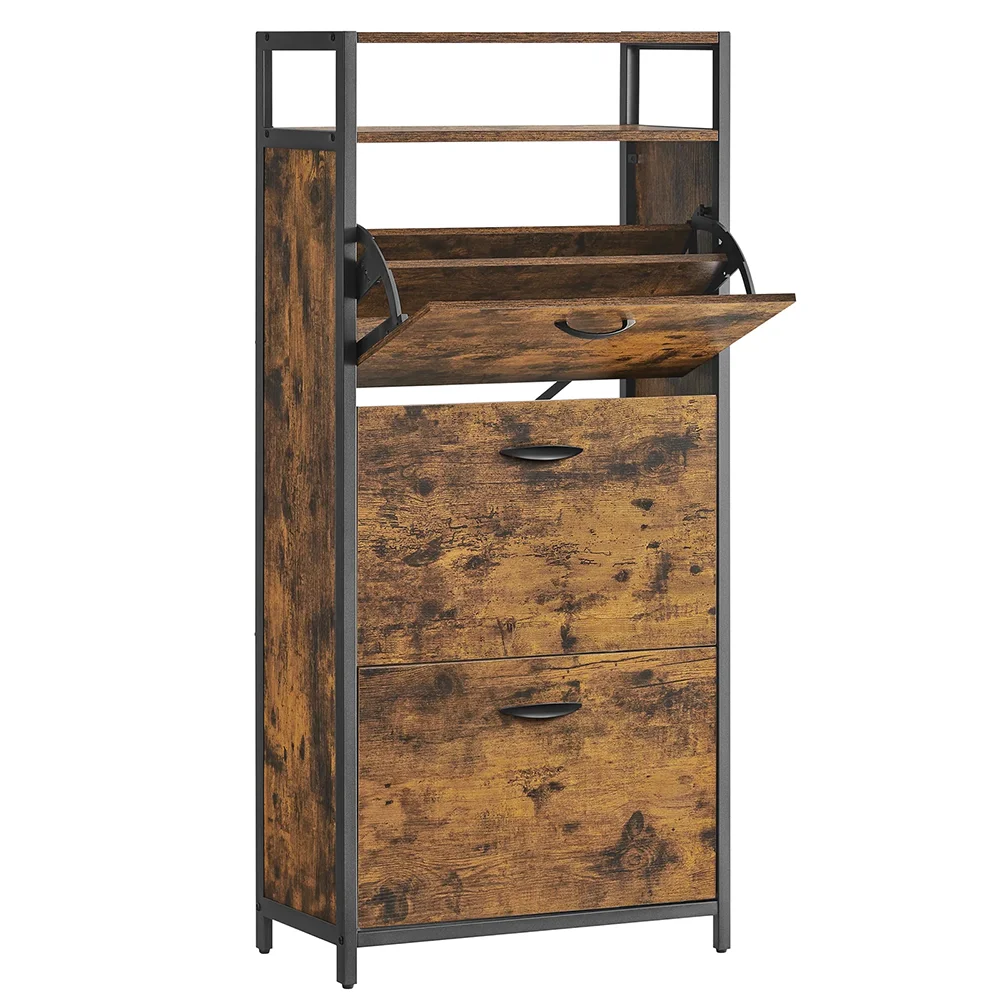 Modern 18-Pair Shoe Storage Cabinet Wood and Metal Design for Home Living Room or Entry Shoe Organizer Rack details