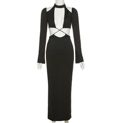 Spring 2022 Women Clothes Turtleneck Hollow Out Robes Femmes Sexy Backless Sexy Long Sleeve Black Midi Woman Fall Dress