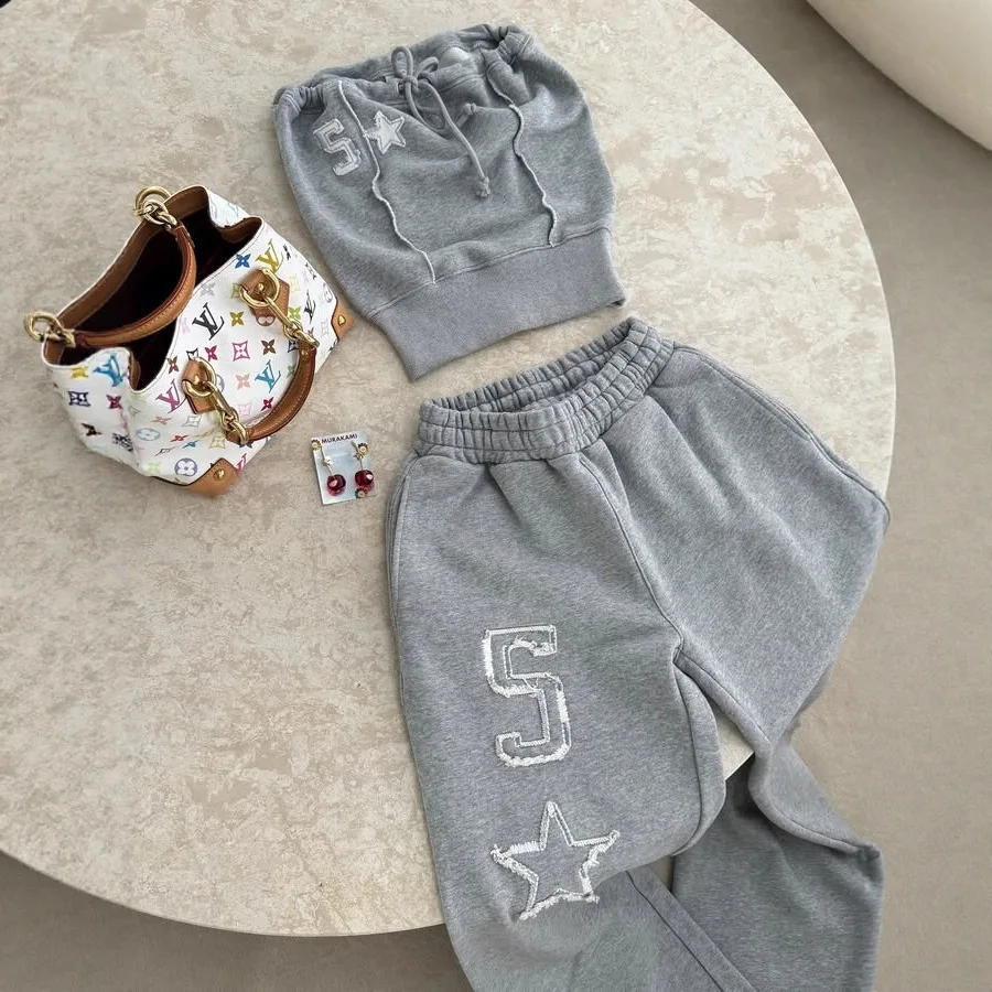 European American Fashion Casual Hot Girl Slim Fit Star Embroidery Double Zipper Anti-Wrinkle Women's Set details