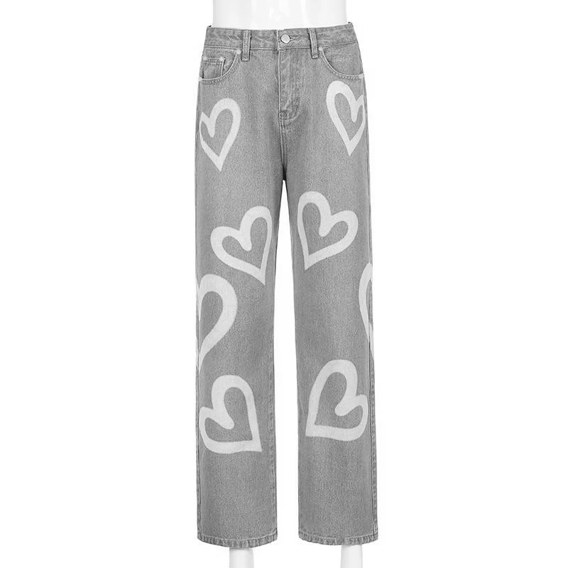 Custom Ladies Denim Jeans High Waist Heart Print Pantalon Jean Baggy Women Y2k Jeans supplier