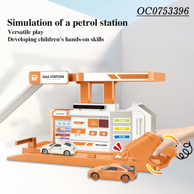 Pretend play sliding alloy car petrol gas station toys model with light music