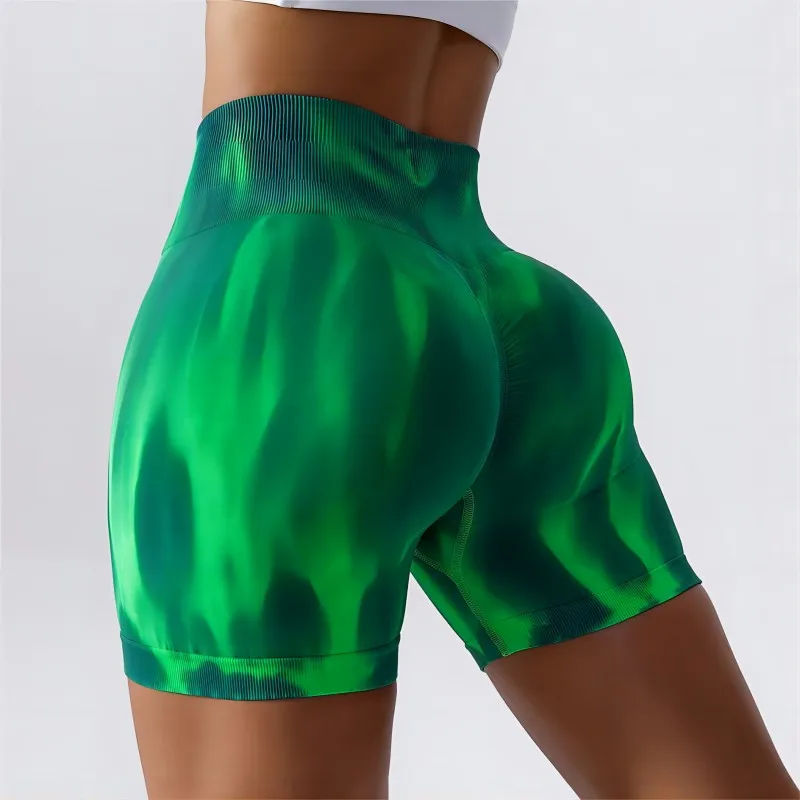 Tie-dye aurora seamless yoga shorts women's high waist buttock lifting running pants elastic tight sports fitness shorts